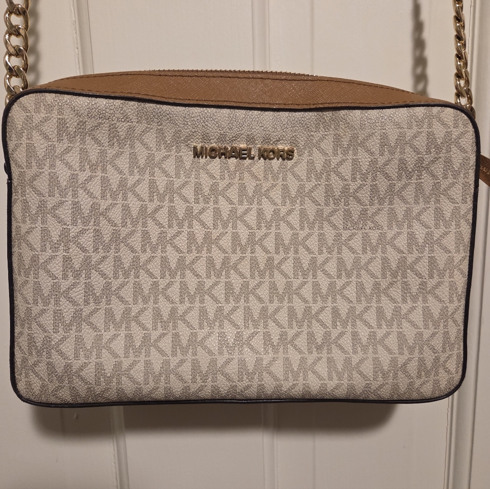 Michael Kors Off White, Grey, and Brown MK Print crossbody jet set bag